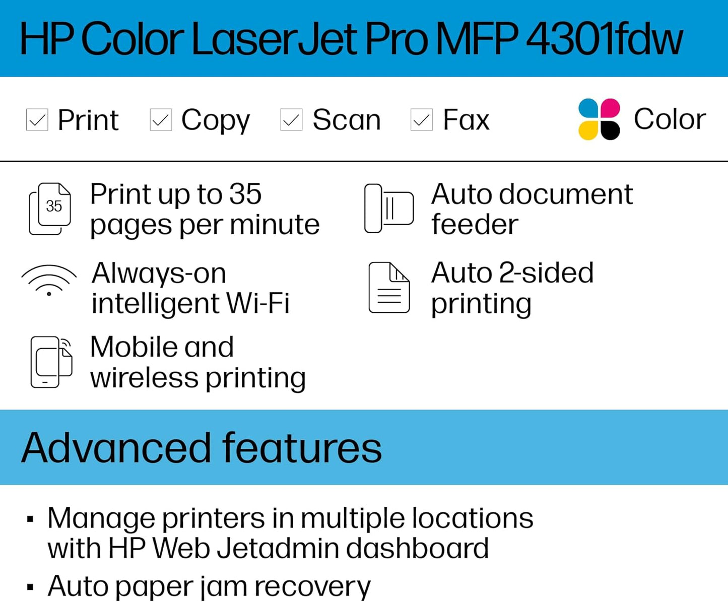 HP LaserJet Pro LJP 4301fdn Color Laser Printer, All-In-One, Print, Scan, Copy, Fax