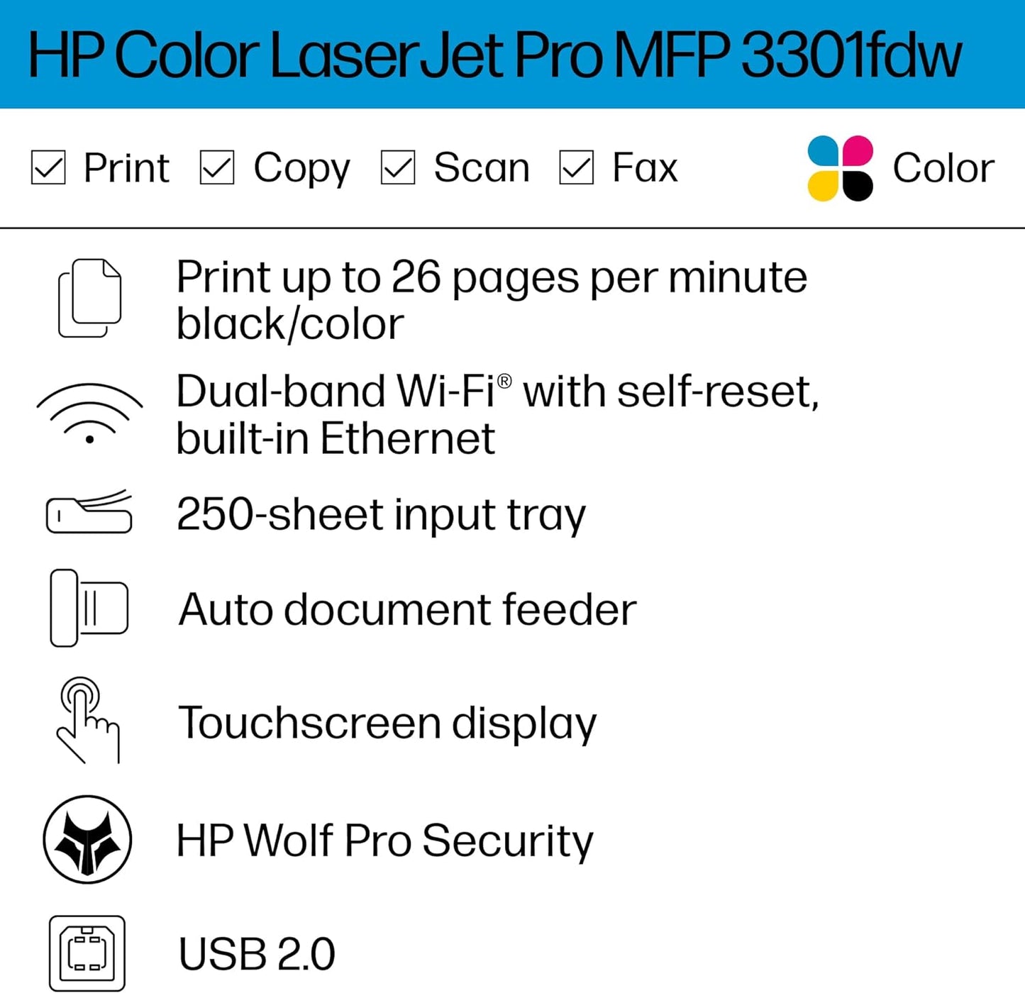 HP LaserJet Pro MFP 3301fdw Wireless All-in-One Color Laser Printer