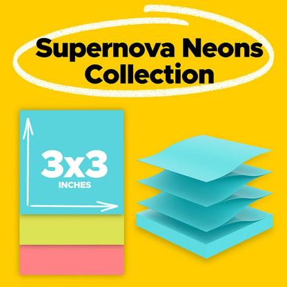 Post-it Super Sticky Pop-up Notes, 3" x 3", Supernova Neons Collection, 90 Sheets/Pad, 18 Pads/Pack